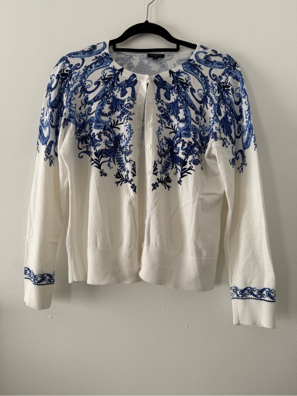 Talbots White Cardigan with Blue Paisley Embroidery